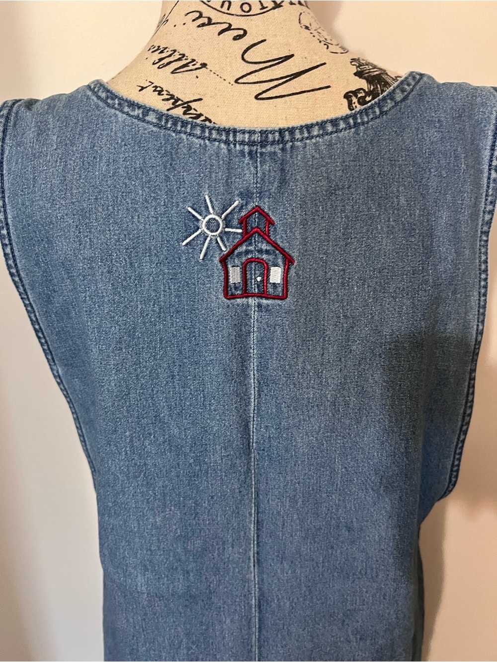 VTG Christopher & Banks Denim Jumper Dress Teacher School Days Apple Alphabet L - Picture 7 of 11